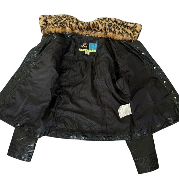 Y2K Leopard Fur Collar Croc Vinyl Jacket Upcycled Rolling Stones Glam Rock Black - Picture 6 of 11